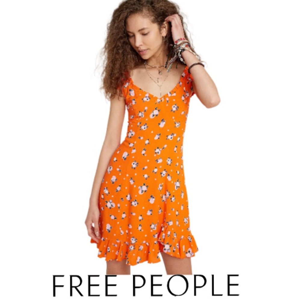 FREE PEOPLE | Like A Lady Mini Dress Orange Summer Beach Vacation Floral Boho